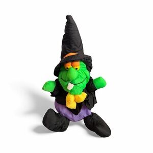 Festive Green and Black Witch Plush Decor 90’s Vintage Halloween Decor